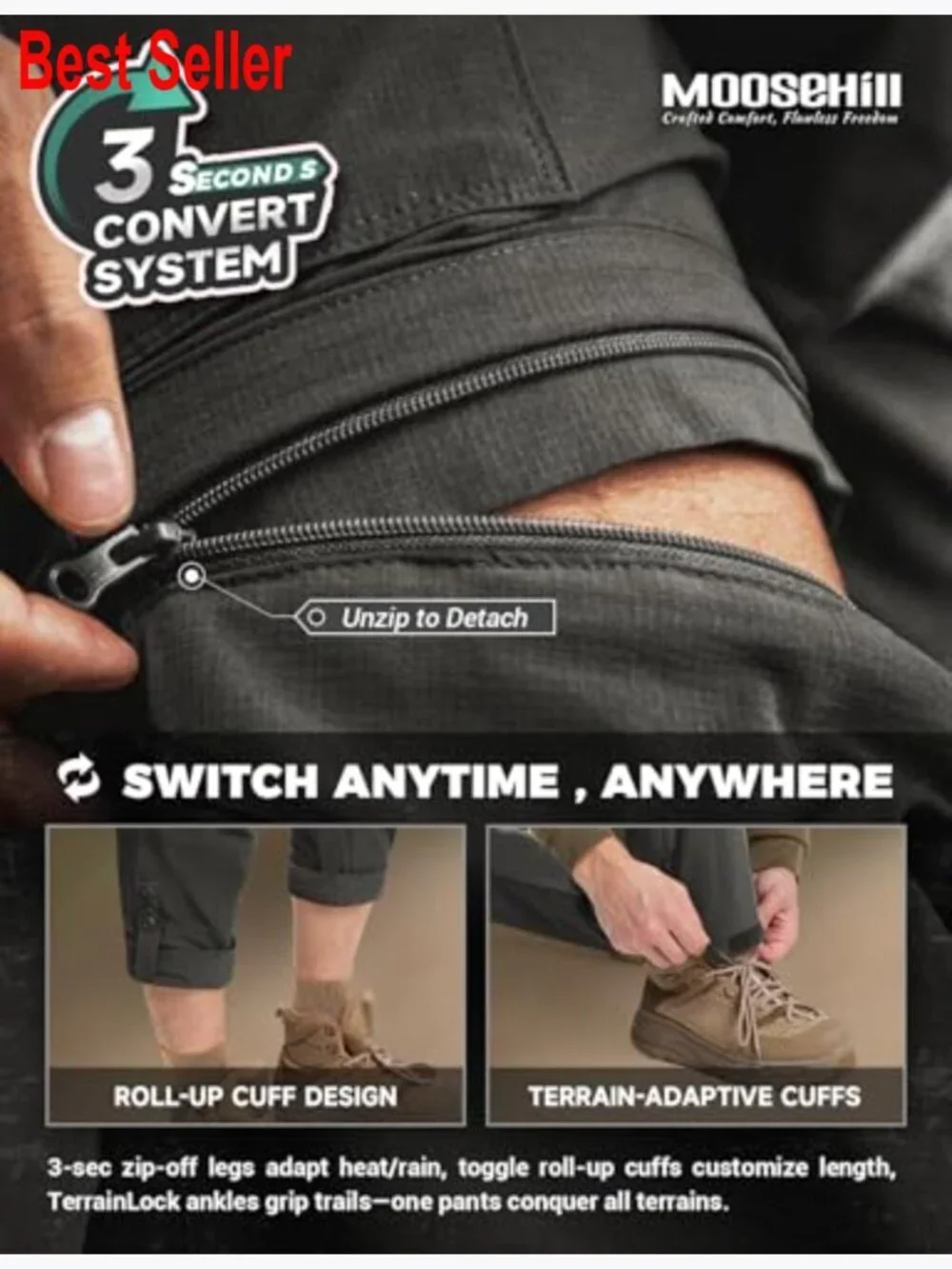 Convertible Hiking Pants Quick-Dry Water-Resistant Lightweight Zip-Off